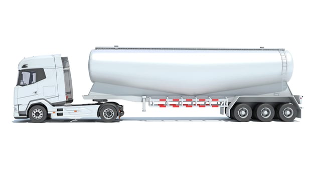 Heavy truck with tank trailer 3D rendering model on white background