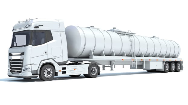 Heavy truck with tank trailer 3D rendering model on white background