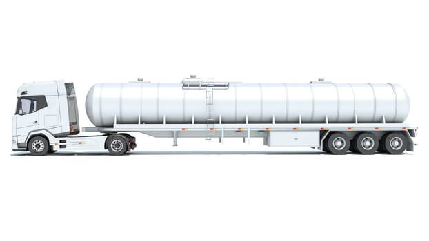 Heavy truck with tank trailer 3D rendering model on white background