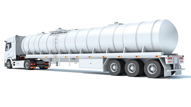 Heavy truck with tank trailer 3D rendering model on white background