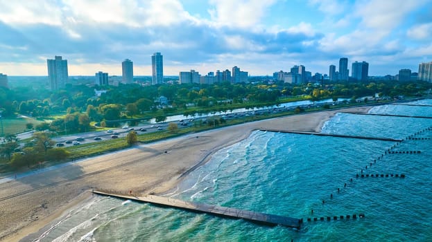Image of Lake Michigan and Chicago beach aerial of coast on summer day with sand and park, travel and tourism