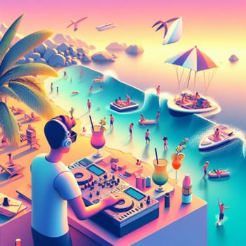 young deejay, wear glasses earphone hosting dj set at crowded beach party tropical island isometric ai generative ai art