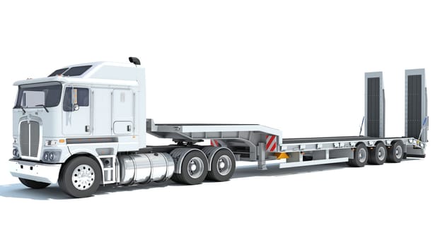 Truck with Lowboy Trailer 3D rendering model on white background