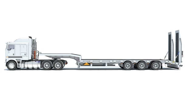 Truck with Lowboy Trailer 3D rendering model on white background