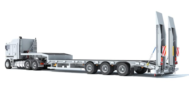 Truck with Lowboy Trailer 3D rendering model on white background