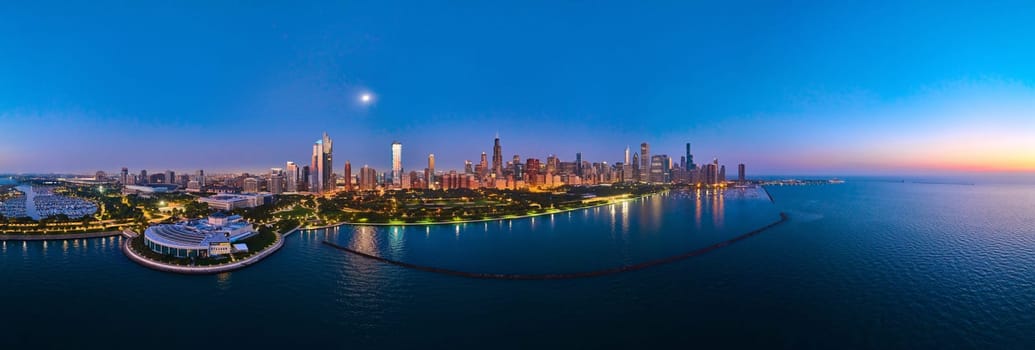 Panoramic aerial view of Chicago's skyline with Willis Tower during blue hour, showcasing urban density, waterfront marina, and tranquil park