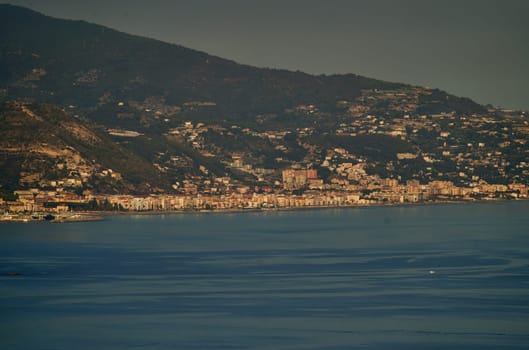 View of Menton Roquebrune Cap Martin from Monaco at sunset. High quality photo