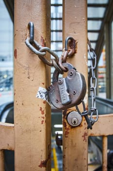 Image of Thick padlock on iron fence in industrial zone, gloomy day