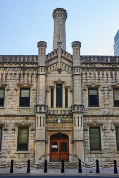 Image of Front entrance of old, historic, and original Chicago water works building with castle architecture