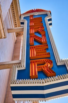 2023 daytime close-up of vibrant retro marquee sign spelling 'PARK' at the Lerner Theater in downtown Elkhart, Indiana, exuding classic Americana and entertainment history.