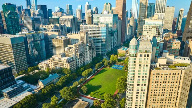 Image of Lake Shore Park aerial with Chicago city skyscraper buildings on gorgeous sunny summer day