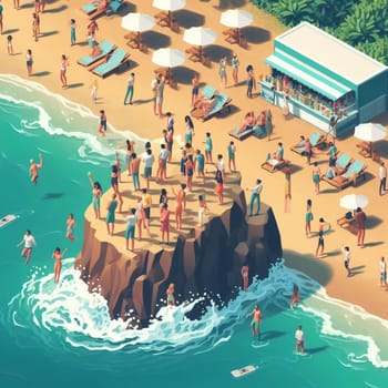 people having fun in the beach, isometric view, sea waves, 3d illustration generative ai art