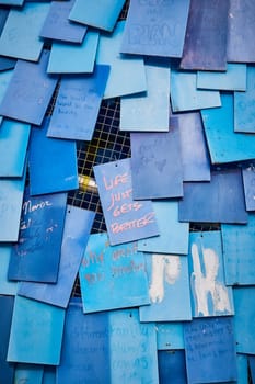 Blue Mosaic of Community Messages on Tiles at an Outdoor Art Installation in Indianapolis, Indiana, 2023