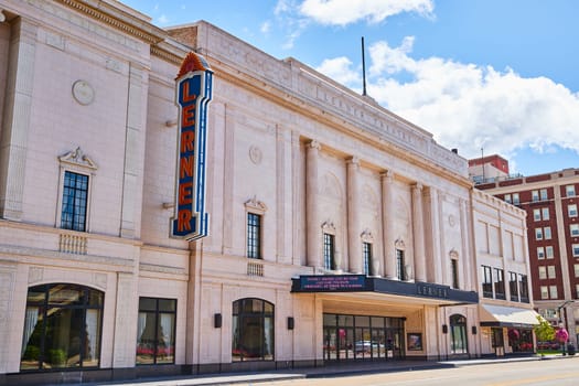 Daytime view of the historic Lerner Theatre with classical architecture in downtown Elkhart, Indiana, 2023