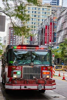 Image of Fire truck front, fire safety, engine number 42, the meaning of life, Chicago, IL