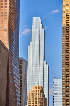 Image of Bright sunny summer day, downtown Chicago skyscrapers with reflective windows and blue sky