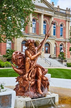 Image of Poseidon bronze statue in yellow fountain at Elkhart County courthouse on summer day, law and order