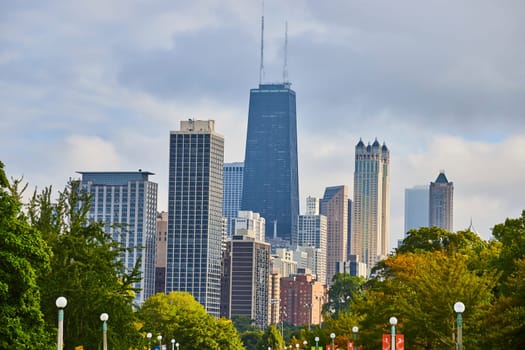 Image of Chicago skyscraper skyline with lush green trees leading to downtown buildings, tourism, travel, USA