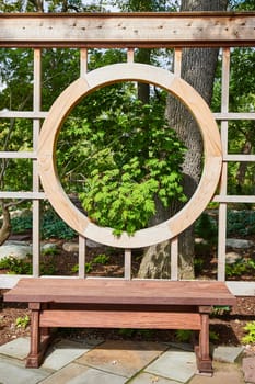 Artistic Wooden Frame and Bench in Serene Botanic Garden, Elkhart, Indiana, 2023