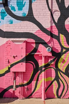 Vibrant street art transforms urban utility into a colorful mural in downtown Muncie, Indiana, 2023. A celebration of community creativity on a sunny day.