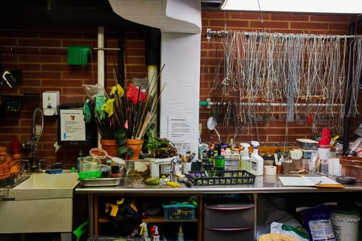 Inside a bustling pottery studio in Muncie, Indiana, showcasing a tableau of organized chaos with tools, materials, and artisan's notebook amidst rustic interiors, 2023