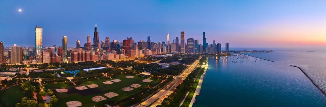Blue Hour Panorama of Chicago Skyline, Lake Michigan Shoreline and Willis Tower, Captured by DJI Mavic 3 Drone, 2023