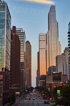 Image of Chicago inner city sunset lighting on skyscraper with blue sky and city traffic, Illinois