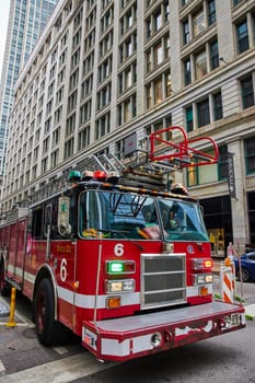 Image of Fire truck, engine number 6 in downtown Chicago, Illinois, USA