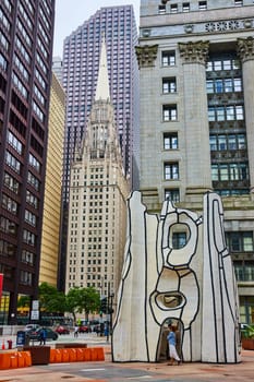 Image of Tourist in front of sculpture for James R Thompson building with city skyscrapers