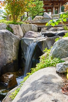 Serene Waterfall in a Scenic Garden, Botanic Gardens, Elkhart Indiana, 2023