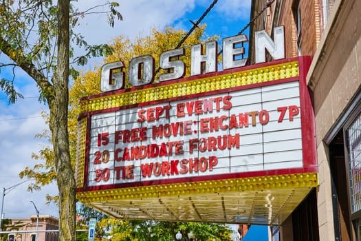 Image of Goshen theater sign on bright, sunny summer day, Indiana