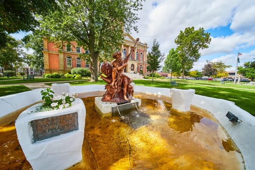 Image of Poseidon bronze statue in golden yellow water fountain in front of Elkhart County courthouse, summer