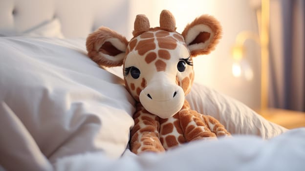 Cute stuffed baby giraffe toy, lying in white, soft bed, in daylight.