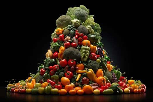 Unusual Christmas tree assembled from vegetables, stands on a dark background.