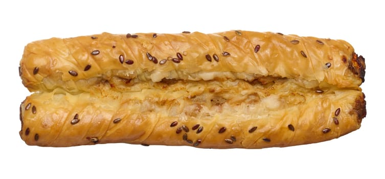 Baked rollini with filling and sprinkled with sesame seeds, top view