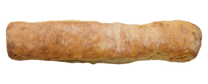 Oblong baked bread baguette isolated on white background, top view