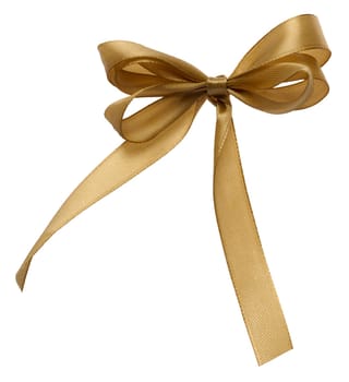 Tied bow made of golden silk ribbon on an isolated background, decor for a gift