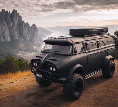 rusty dirt offroad 4x4 lifted vintage custom camper conversion jeep overlanding in mountain roads, nomadic lifestyle, adventure living, ai generated