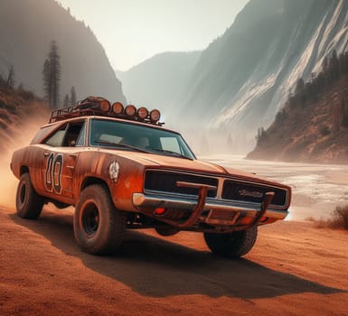 rusty dirt offroad 4x4 lifted vintage custom camper conversion jeep overlanding in mountain roads, nomadic lifestyle, adventure living, ai generated