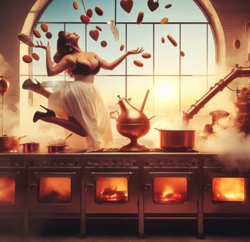 glamourous chef in steampunk kitchen with windiwn natural light cooking posing dancing singing illustration generative ai art