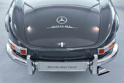 Monaco, Monte Carlo, 28 September 2022 - Classic Mercedes Benz on exhibition of exclusive cars during the yacht show, the famous motorboat exhibition in the principality. High quality photo