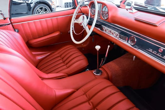 Monaco, Monte Carlo, 28 September 2022 - Interior of classic Mercedes Benz on exhibition of exclusive cars during the yacht show, the famous motorboat exhibition in the principality. High quality photo