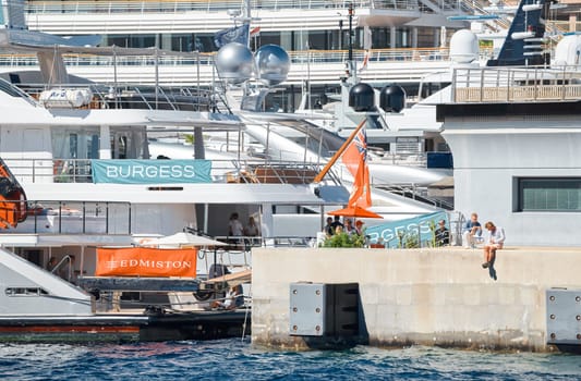 Monaco, Monte Carlo, 28 September 2022 - a lot of luxury yachts at the famous motorboat exhibition in the principality, the most expensive boats for the richest people around the world, yacht brokers. High quality photo