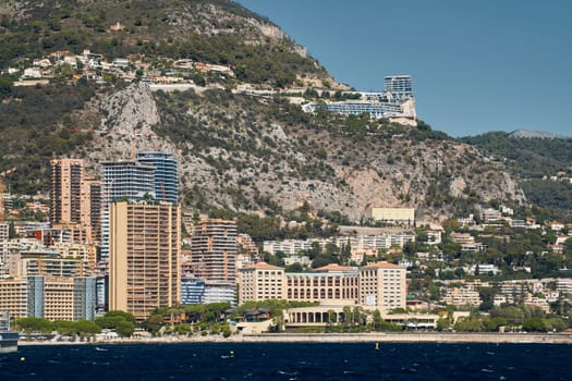 Monaco, Monte Carlo, 28 September 2022: Famous hotel Monte-Carlo Bay, pier of beach Larvotto, Meridian beach. High quality photo