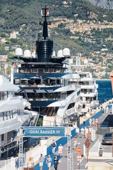 Monaco, Monte Carlo, 28 September 2022 - a lot of luxury yachts at the famous motorboat exhibition in the principality, the most expensive boats for the richest people around the world, yacht brokers. High quality photo