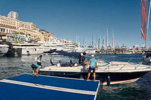 Monaco, Monte Carlo, 28 September 2022 - Top view of the famous yacht show, exhibition of luxury mega yachts, the most expensive boats for the richest people around the world, yacht brokers. High quality photo