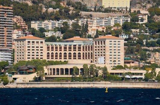 Monaco, Monte Carlo, 28 September 2022: Famous hotel Monte-Carlo Bay, pier of beach Larvotto, Meridian beach. High quality photo