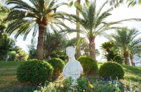 Monaco, Monaco Ville, 28 September 2022 - Bust by Georges Diebolt of the Empress Eugenie, wife of Napoleon III in gardens of Monaco Ville, looking at the horizon towards Cap Martin. High quality photo