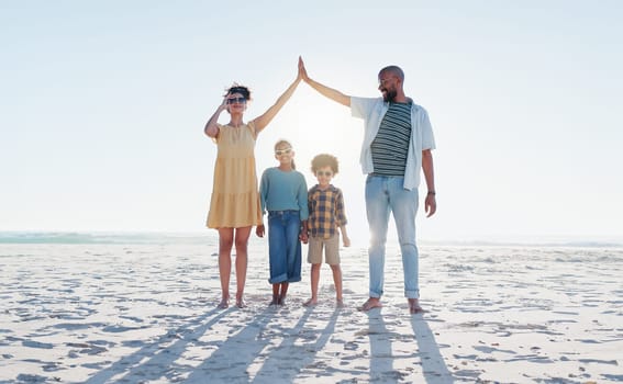 Insurance, hands and a family on the beach for protection, security or travel together. Sunglasses, safety or mockup with a mom, dad and children on the sand by the ocean or sea for love and trust.