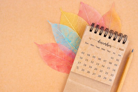 December 2023 monthly desk calendar and fiber structure of dry leaves texture, skeleton leaf on brown background.